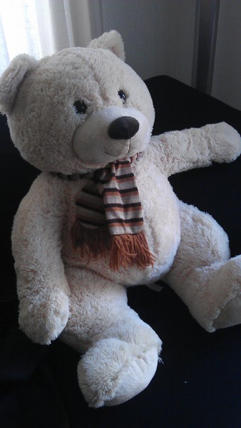 eerste cadeau is al binnen! papa heeft voor zijn neefjes en de baby van zijn beste vriend ook deze grote beer gekocht bij de geboorte. hij kon dus nu al niet achter blijven! lief!!