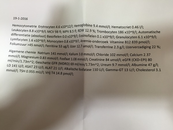 Uitslagen bloed Bloeduitslagen vitamine mineralen alles aangezien ik geen dikke darm meer heb super blij mee hij zei je sport dat is duidelijk te zien! Maximale bloedwaarden beter kon niet! Dus baby zal dan genoeg krijgen bij zwangerschap 