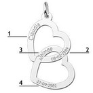 Zilveren 2, 3 of 4 kids hanger 'forever love' Twee harten in elkaar verstrengelt, symbolisch cadeau voor een trotse mama! Met uiterste precisie graveren wij de namen & geboortedatum van je kinderen, of 3 of 4 kindernamen, of jouw en je geliefde naam (+ jullie speciale data).